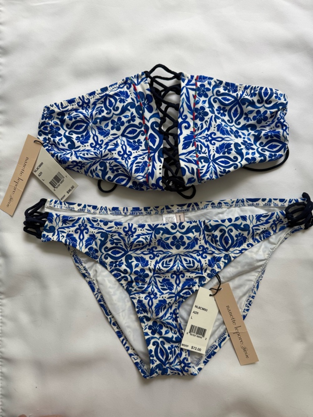 Nanette Lepore Blue and White Floral Print Bikini Set NWT Large